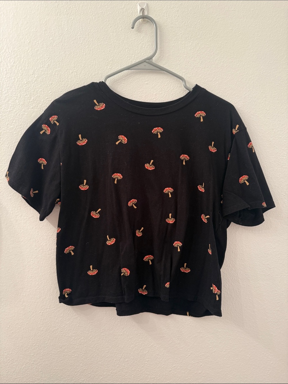Black Short Sleeve Tee with Red Mushroom Print